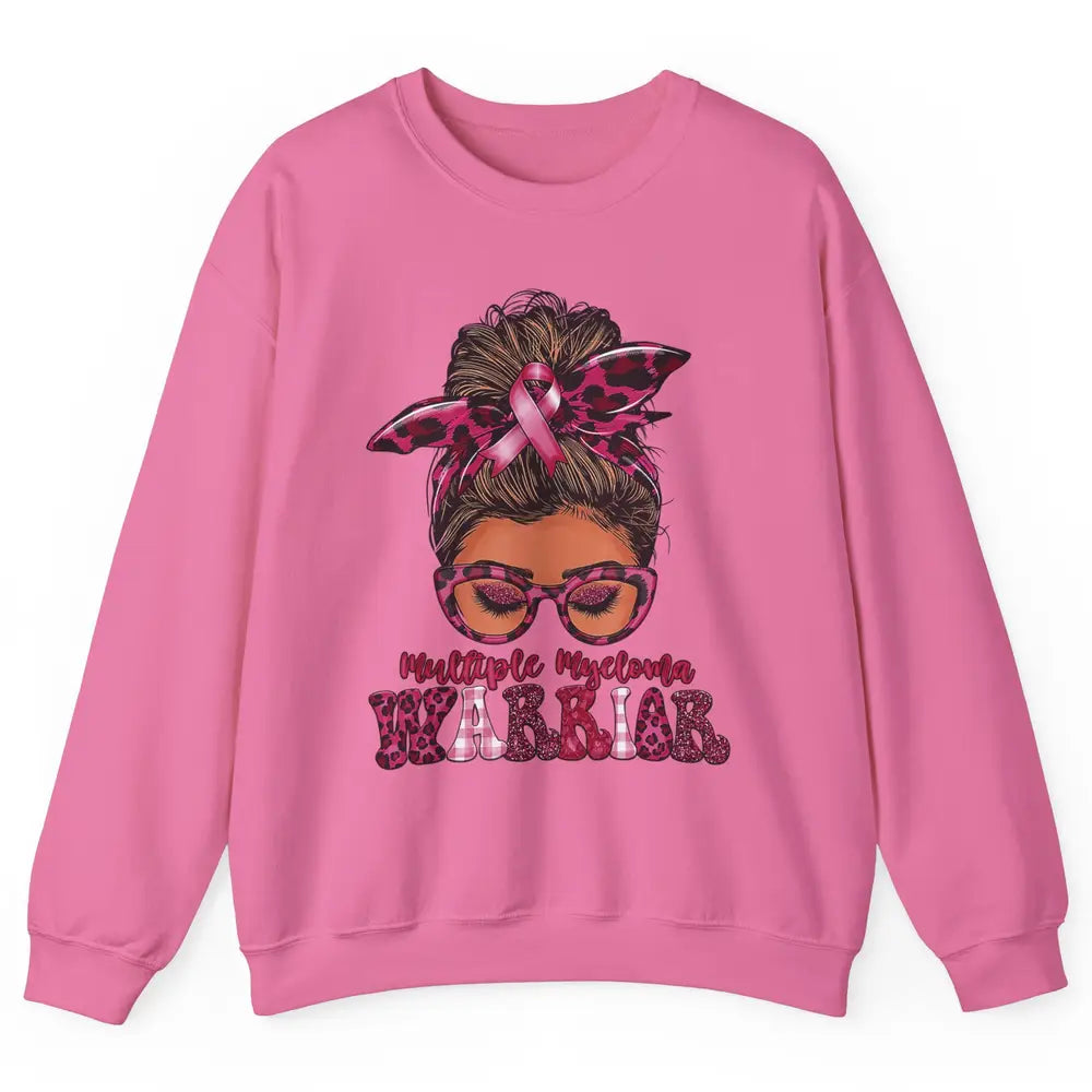 Multiple Myeloma Cancer Warrior Leopard Messy Hair Bun Woman Unisex Crewneck Sweatshirt