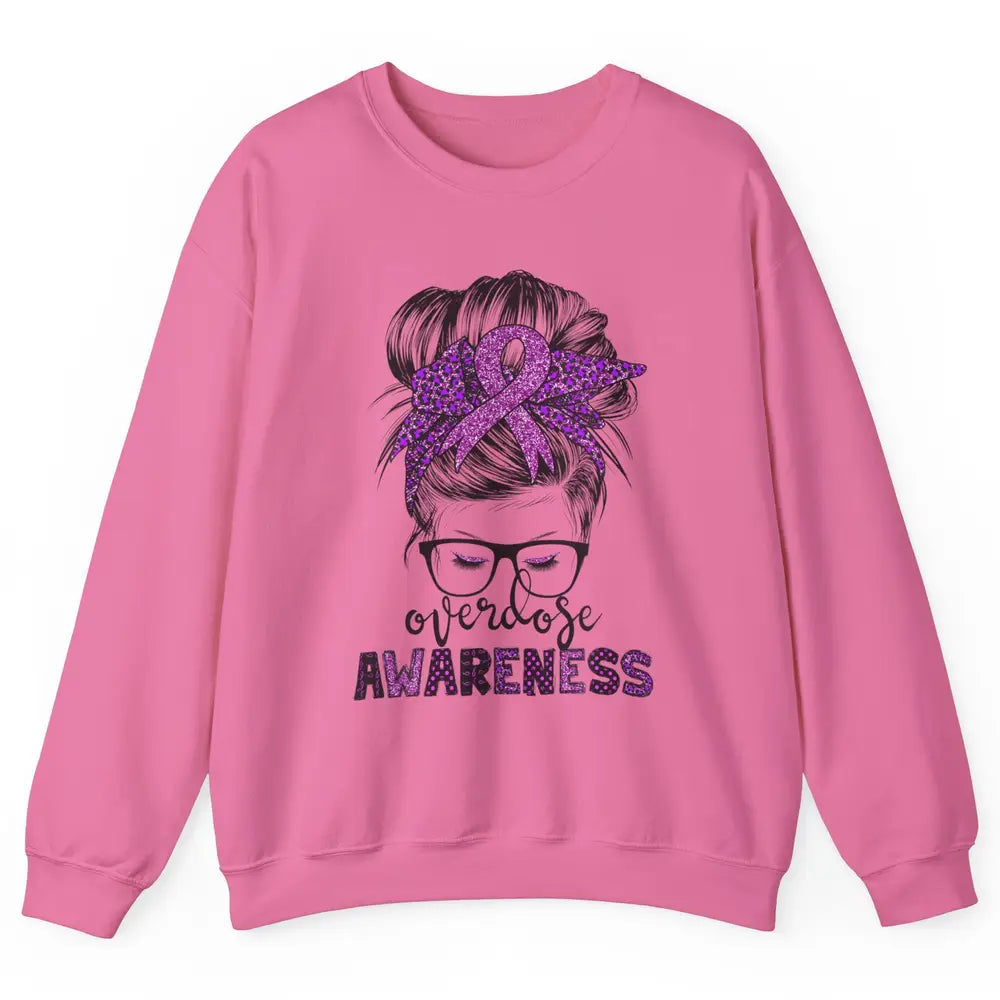 Overdose Awareness Messy Hair Bun Purple Leopard Warrior Unisex Crewneck Sweatshirt