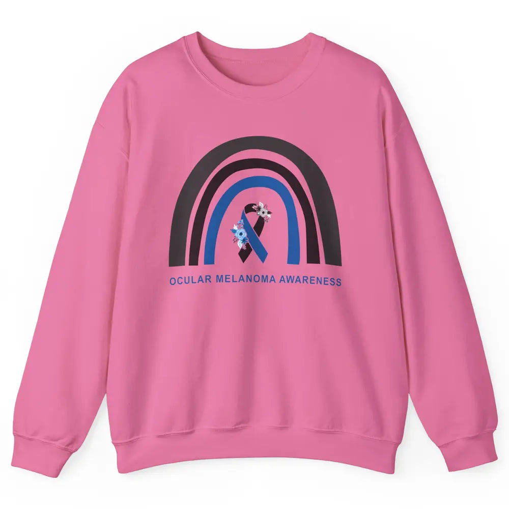 Ocular Melanoma Awareness Floral Black Blue Ribbon Rainbow Unisex Crewneck Sweatshirt