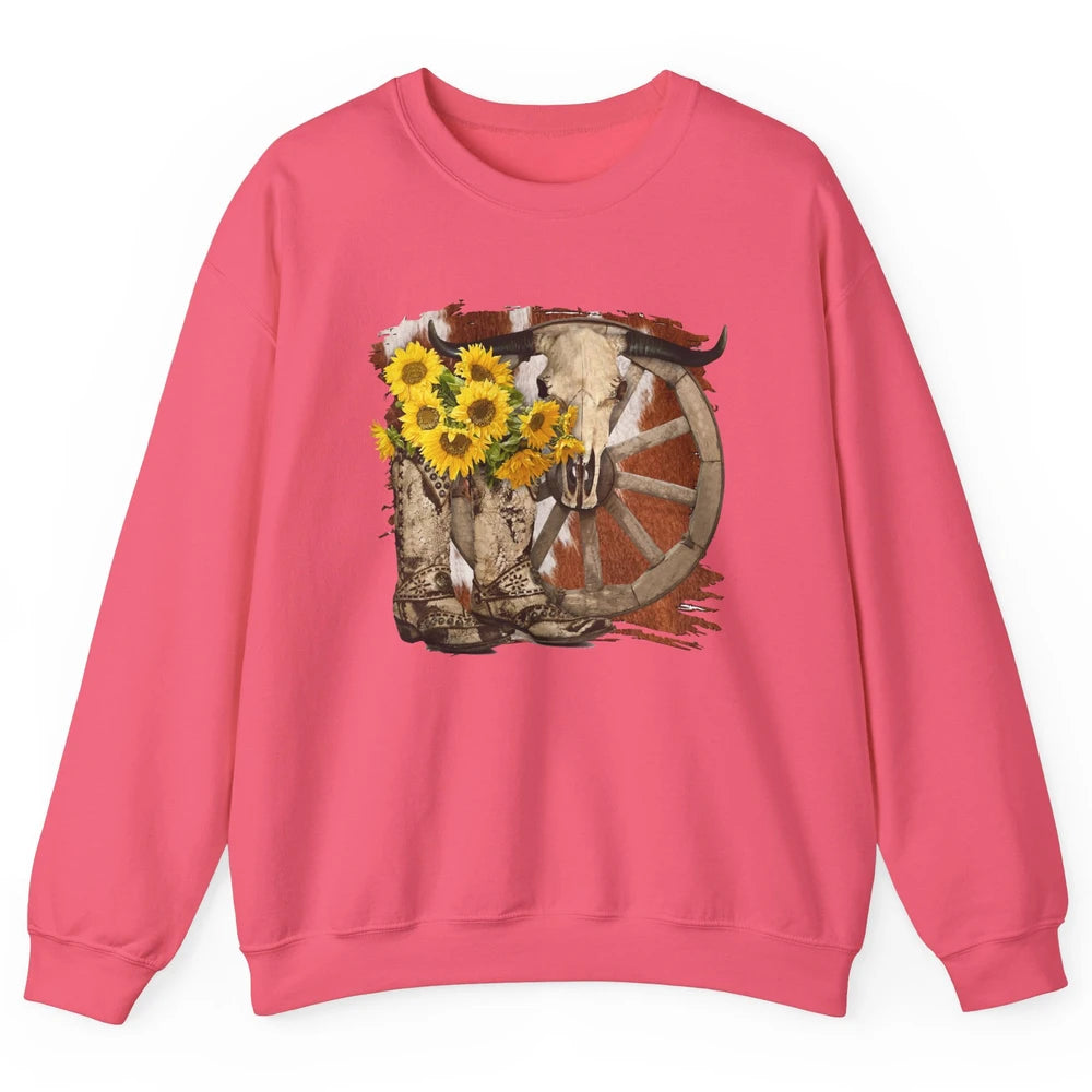 Retro Sunflower Cowgirl Boots Cow Skull Western Country Girl Unisex Crewneck Sweatshirt