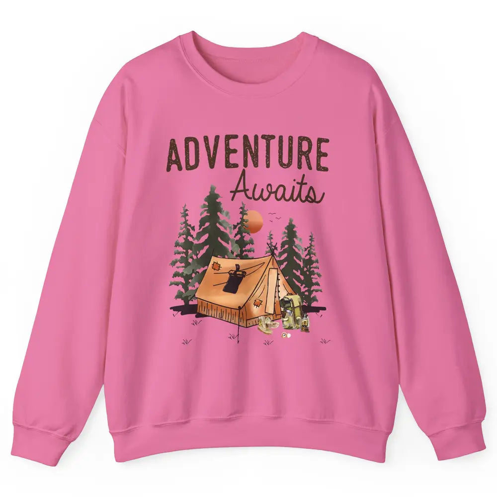Retro Camping Tent Mountain Sunset Adventure Awaits Campers Unisex Crewneck Sweatshirt
