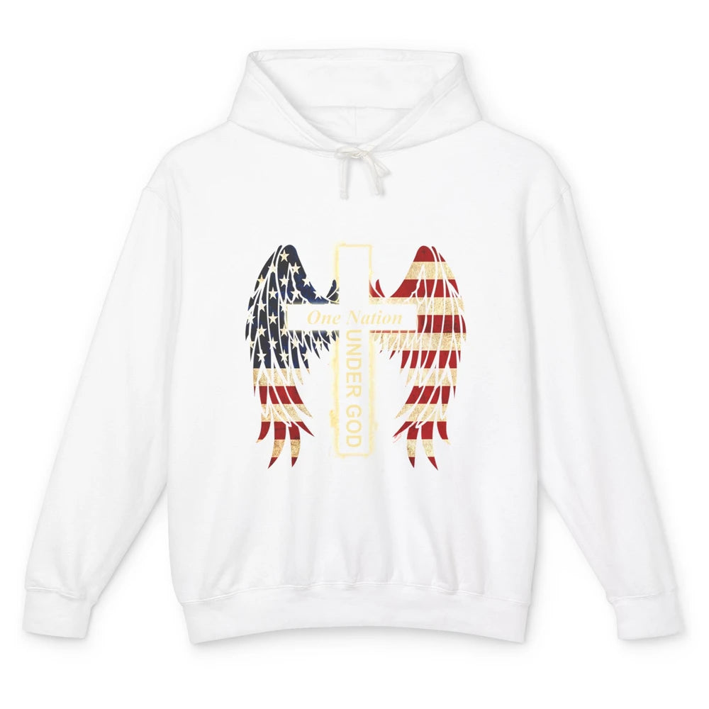 Patriotic One Nation Under God American Flag Faith Cross Unisex Lightweight Hoodie