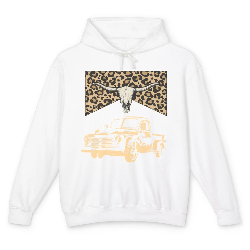 Retro Leopard Bull Skull Wait In The Truck Western Country Unisex Lightweight Hoodie