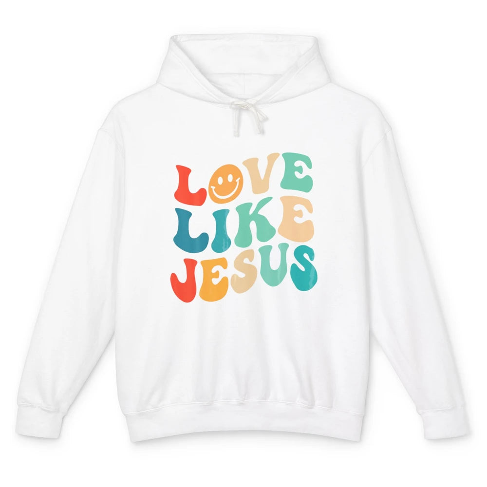 Retro Groovy Love Like Jesus Smiling Face Christ Faith God Unisex Lightweight Hoodie