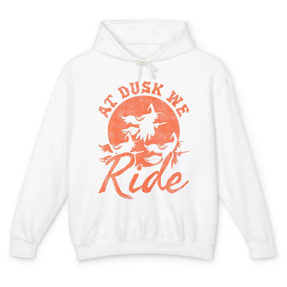 At Dusk We Ride Witch Hat Broom Moon Halloween Spooky Season Unisex Lightweight Hoodie