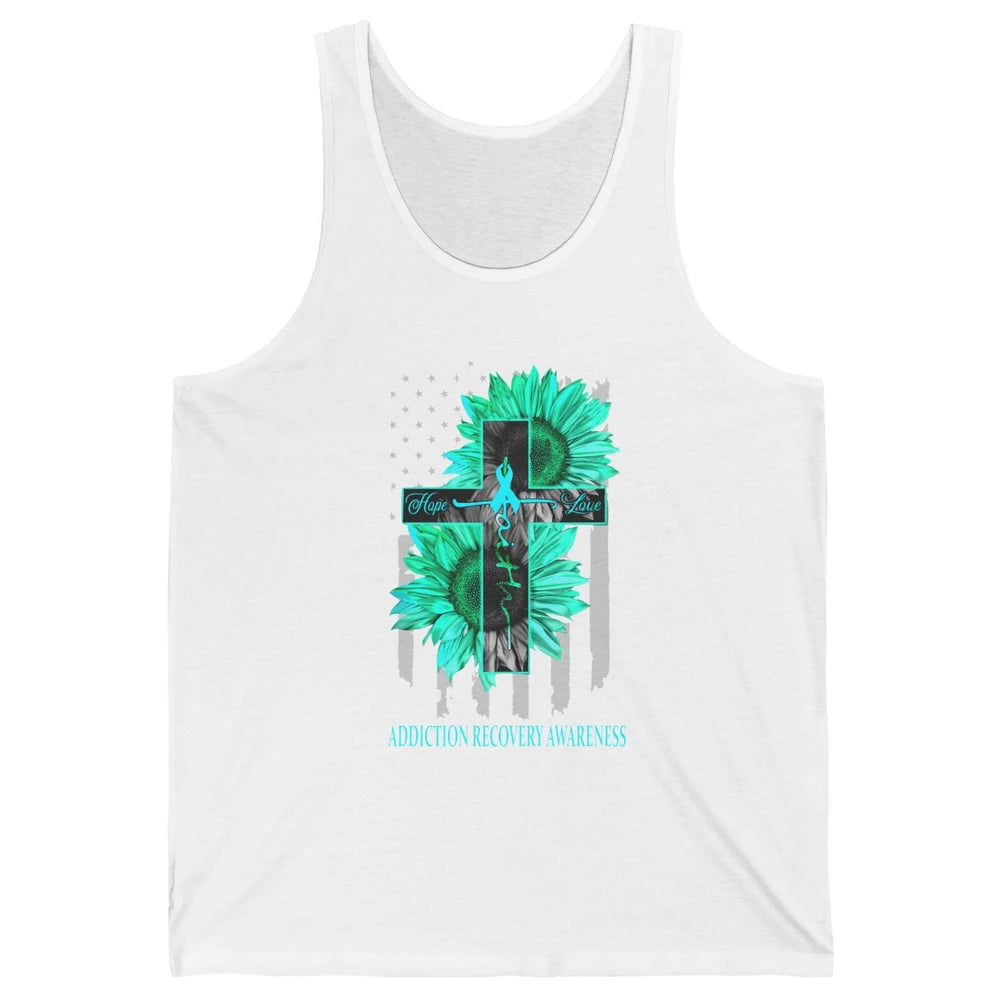Addiction Recovery Faith Hope Love Teal US Flag Jesus Cross Unisex Jersey Tank