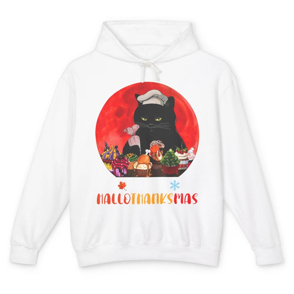 Black Cat Happy Hallothanksmas Baker Cat Halloween Christmas Unisex Lightweight Hoodie