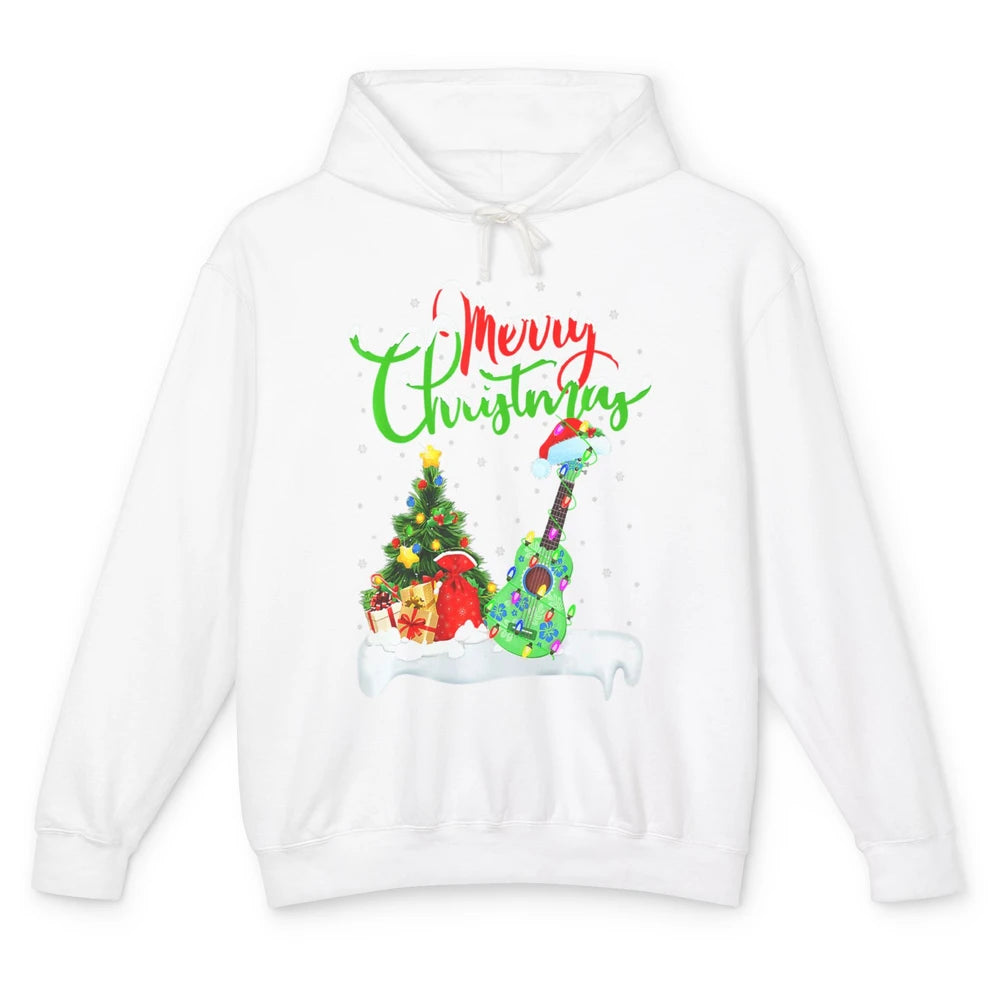 Merry Christmas Funny Ukulele Xmas Lights Santa Hat Music Unisex Lightweight Hoodie