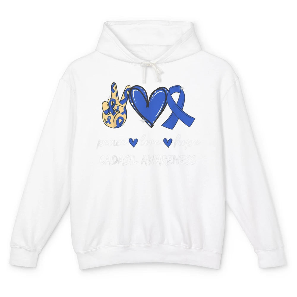 Peace Love Hope Heart Love Cadasil Awareness Blue Ribbon Unisex Lightweight Hoodie