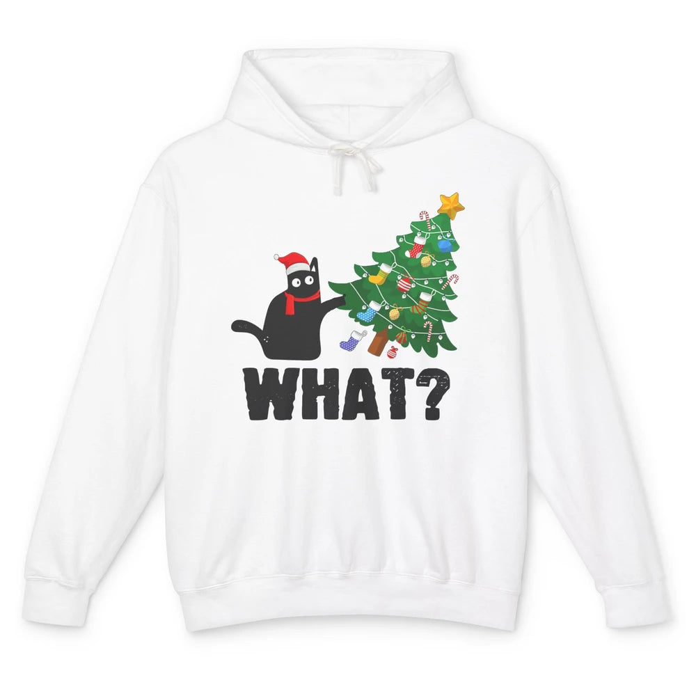 Black Cat Pushing Christmas Tree What Xmas Lights Santa Hat Unisex Lightweight Hoodie