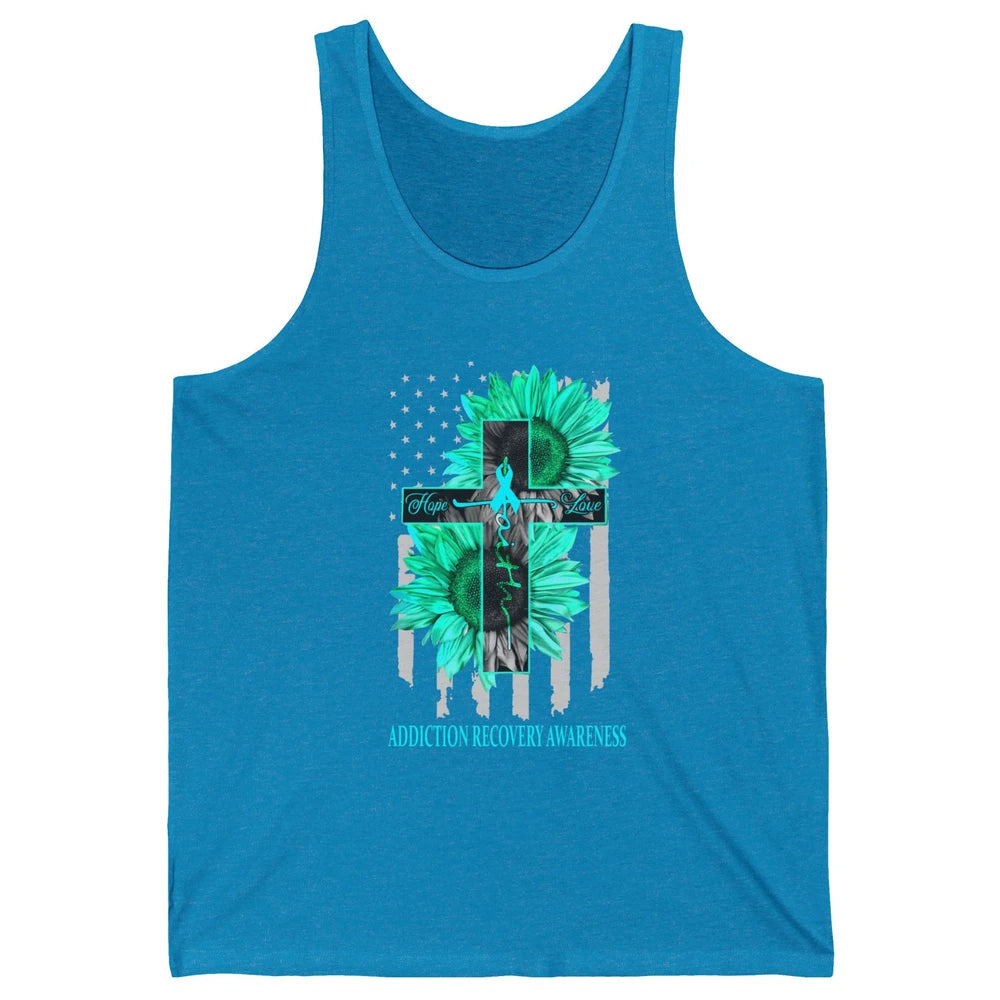 Addiction Recovery Faith Hope Love Teal US Flag Jesus Cross Unisex Jersey Tank