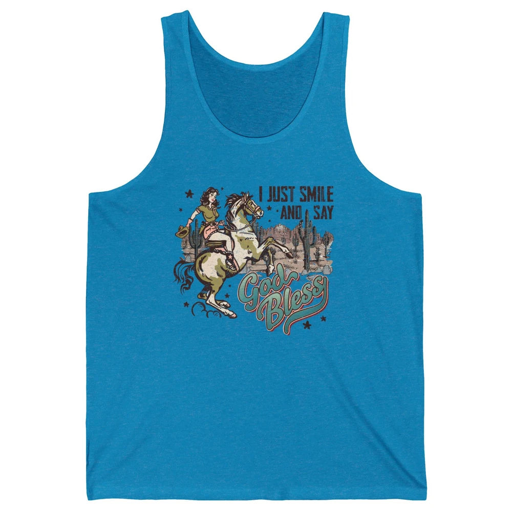 Retro Cowgirl Horsing I Just Smile And Say God Bless Western Unisex Jersey Tank