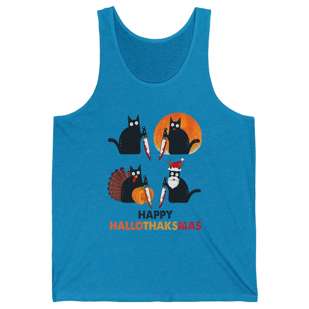Funny Murderous Cat Turkey Hallo-thank-mas Thanksgiving Xmas Unisex Jersey Tank