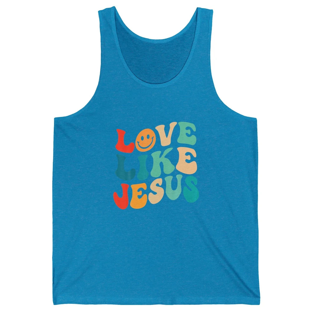 Retro Groovy Love Like Jesus Smiling Face Christ Faith God Unisex Jersey Tank