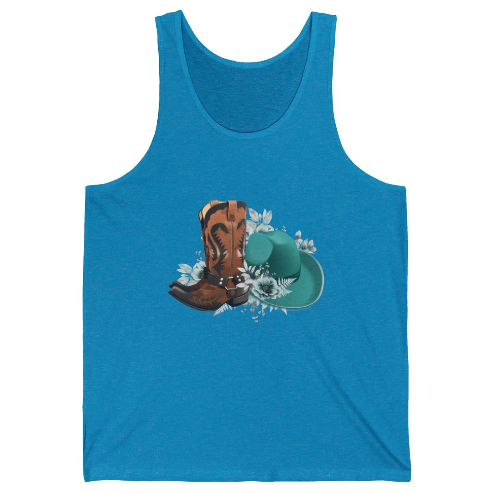 Retro Cowgirl Floral Turquoise Cowboy Boots Rodeo Western Unisex Jersey Tank