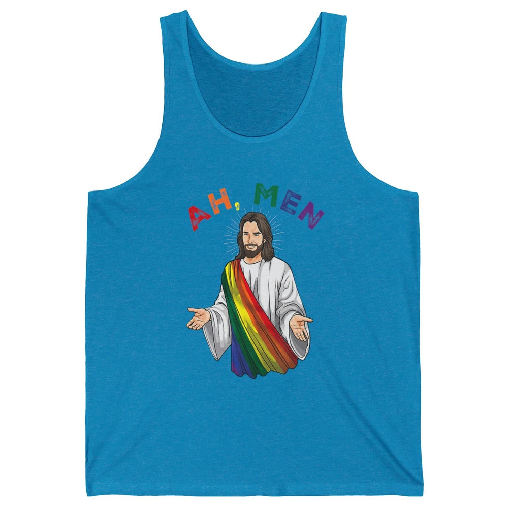 Ah Men LGBT Gay Pride Jesus Christian God Rainbow Flag Love Unisex Jersey Tank