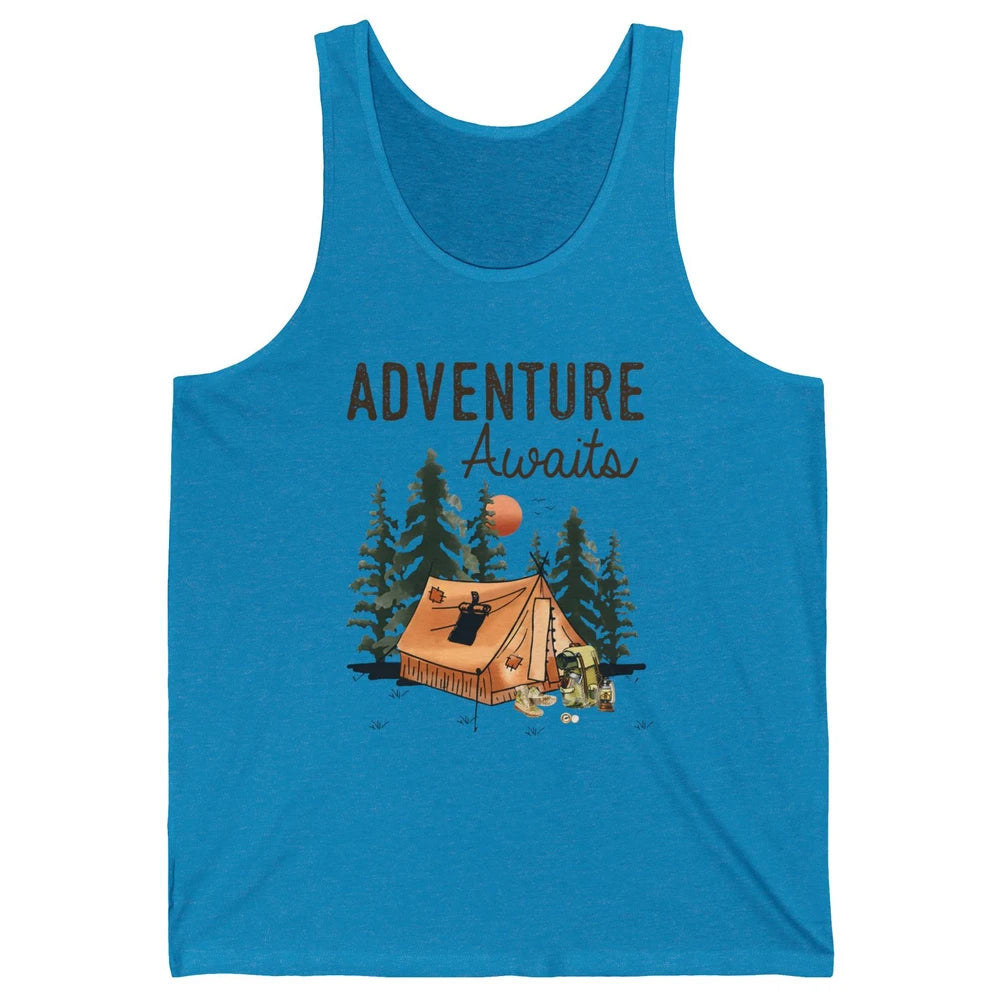 Retro Camping Tent Mountain Sunset Adventure Awaits Campers Unisex Jersey Tank