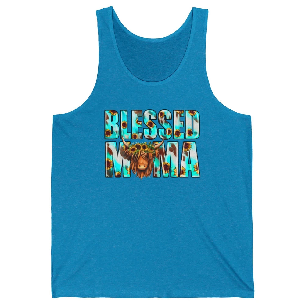 Retro Sunflower Highland Cow Blessed Mama Western Cow Mama Unisex Jersey Tank