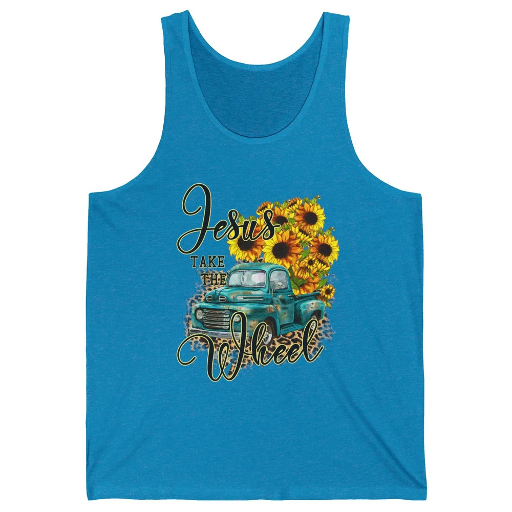 Sunflower Jesus Take The Wheel Christian Gift Leopard Print Unisex Jersey Tank