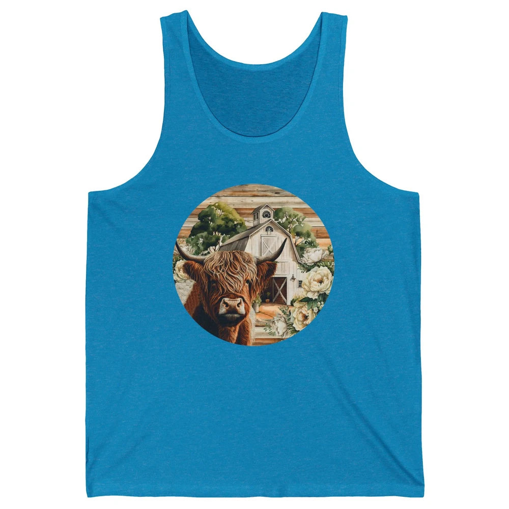 Retro Farm Highland Cow Barn House Western Country Farmer Unisex Jersey Tank