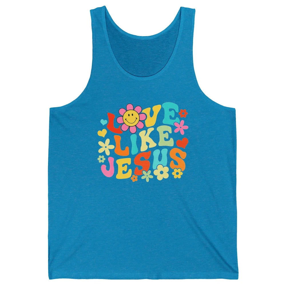 Retro Groovy Love Like Jesus Smiling Face Daisy Boho God Unisex Jersey Tank