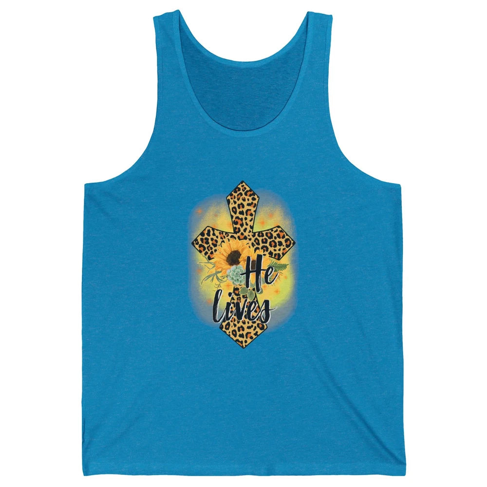 He Lives Sunflowers Faith Cross Christian Bible Religious Unisex Jersey Tank