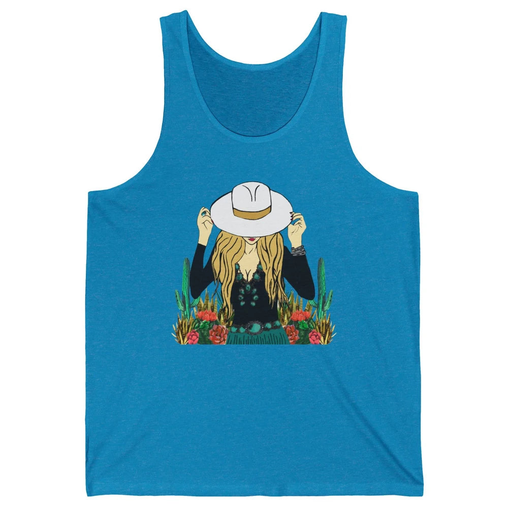Retro Blonde Cowgirl Punchy Cowhide Turquoise Western Cowboy Unisex Jersey Tank