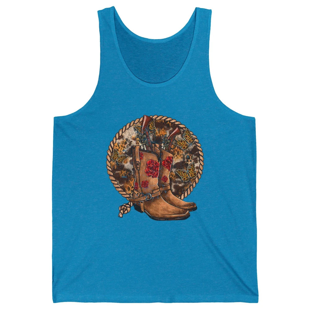 Retro Leopard Cowgirl Boots Sunflower Rodeo Western Country Unisex Jersey Tank
