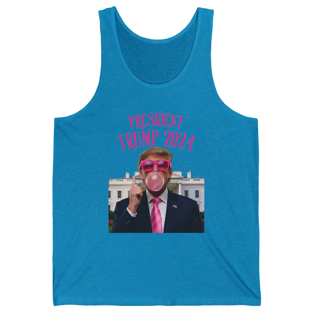 President Trump 2024 Blowing Bubble Gum Funny Trump Won Sarcastic Chewing Gum Pink Sunglasses Political Unisex Jersey Tank