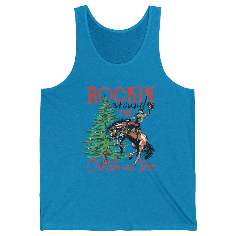 Funny Cowboy Horsing Rocking Around Christmas Tree Western Unisex Jersey Tank
