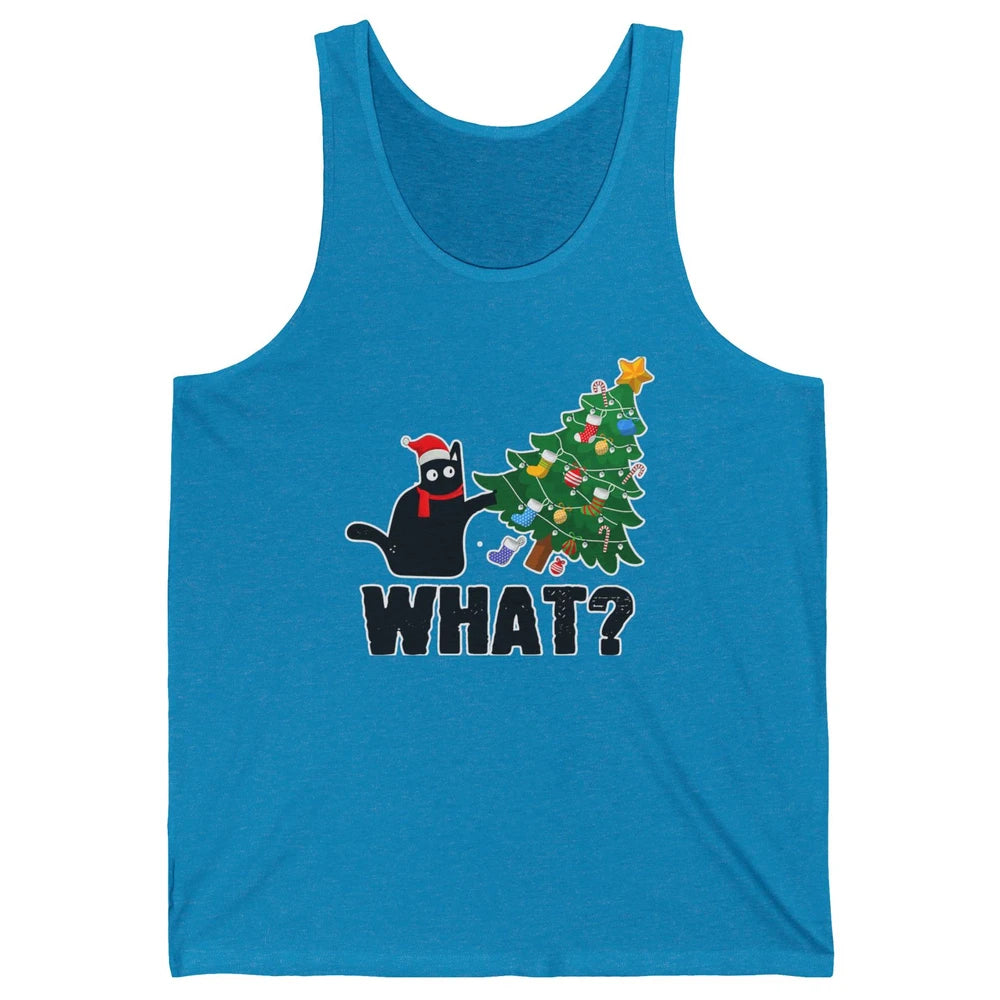 Black Cat Pushing Christmas Tree What Xmas Lights Santa Hat Unisex Jersey Tank