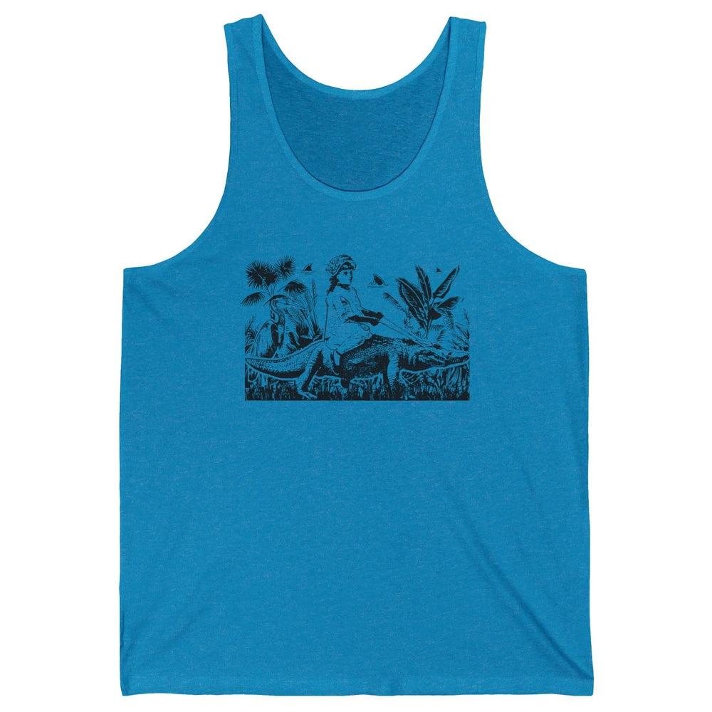 Retro Florida Tropical Land Girl Riding Alligator Summer Unisex Jersey Tank