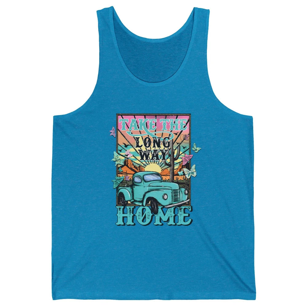 Retro Mountain Sunset Take The Long Way Home Western Country Unisex Jersey Tank