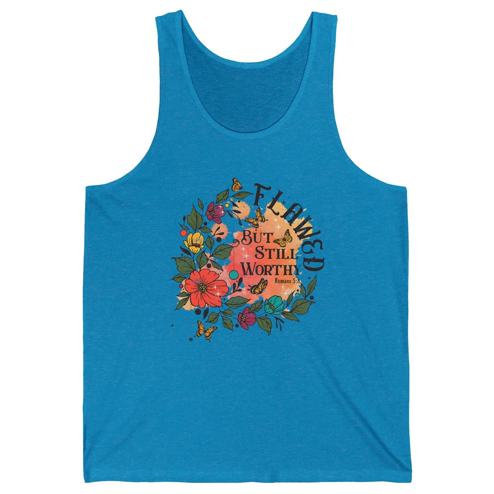 Retro Floral Flawed But Still Worthy Bible Verse Christian Unisex Jersey Tank