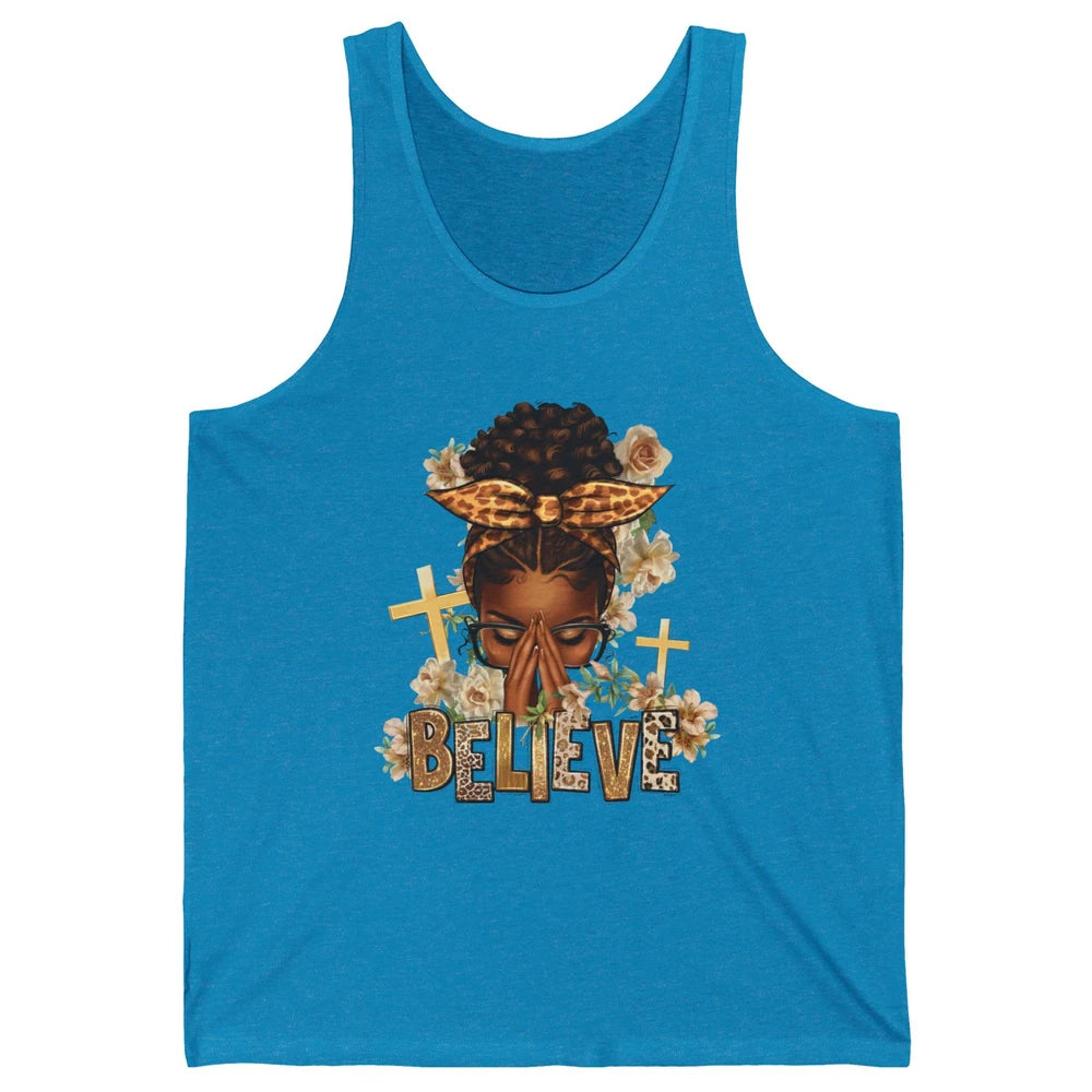 Floral Leopard Afro Messy Bun Believe Christian Religious Unisex Jersey Tank