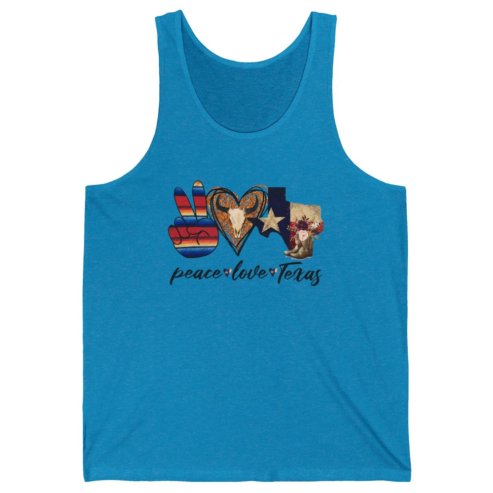 Retro Peace Love Texas Cowboy Boots Western Country Cowgirl Unisex Jersey Tank