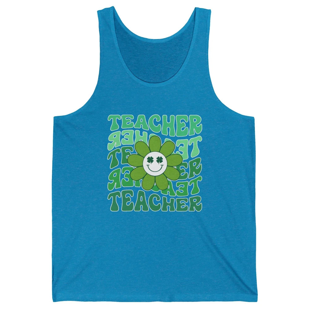Retro Groovy Wavy Teacher Smiling Face Daisy St Patricks Day Unisex Jersey Tank