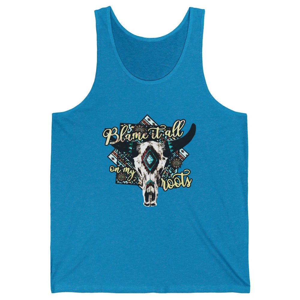 Retro Boot Blame It All On My Root Cow Skull Western Cowboy Unisex Jersey Tank