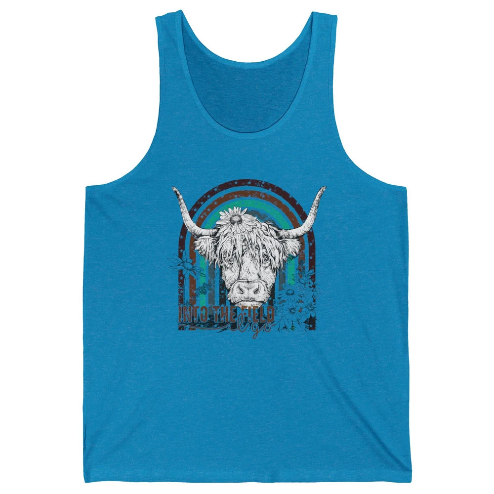 Retro Highland Cow Western Rainbow Into The Field I Go Unisex Jersey Tank