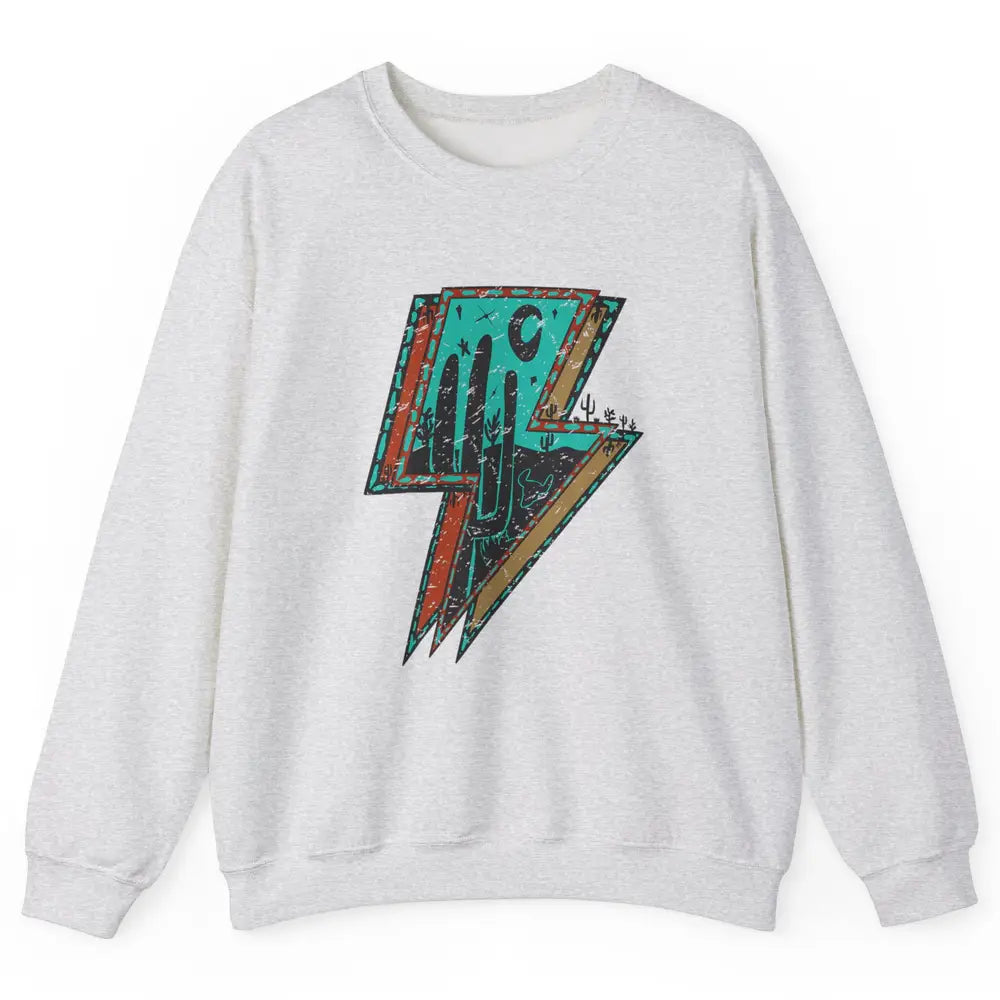 Retro Desert Cactus Night Turquoise Lightning Bolt Western Unisex Crewneck Sweatshirt