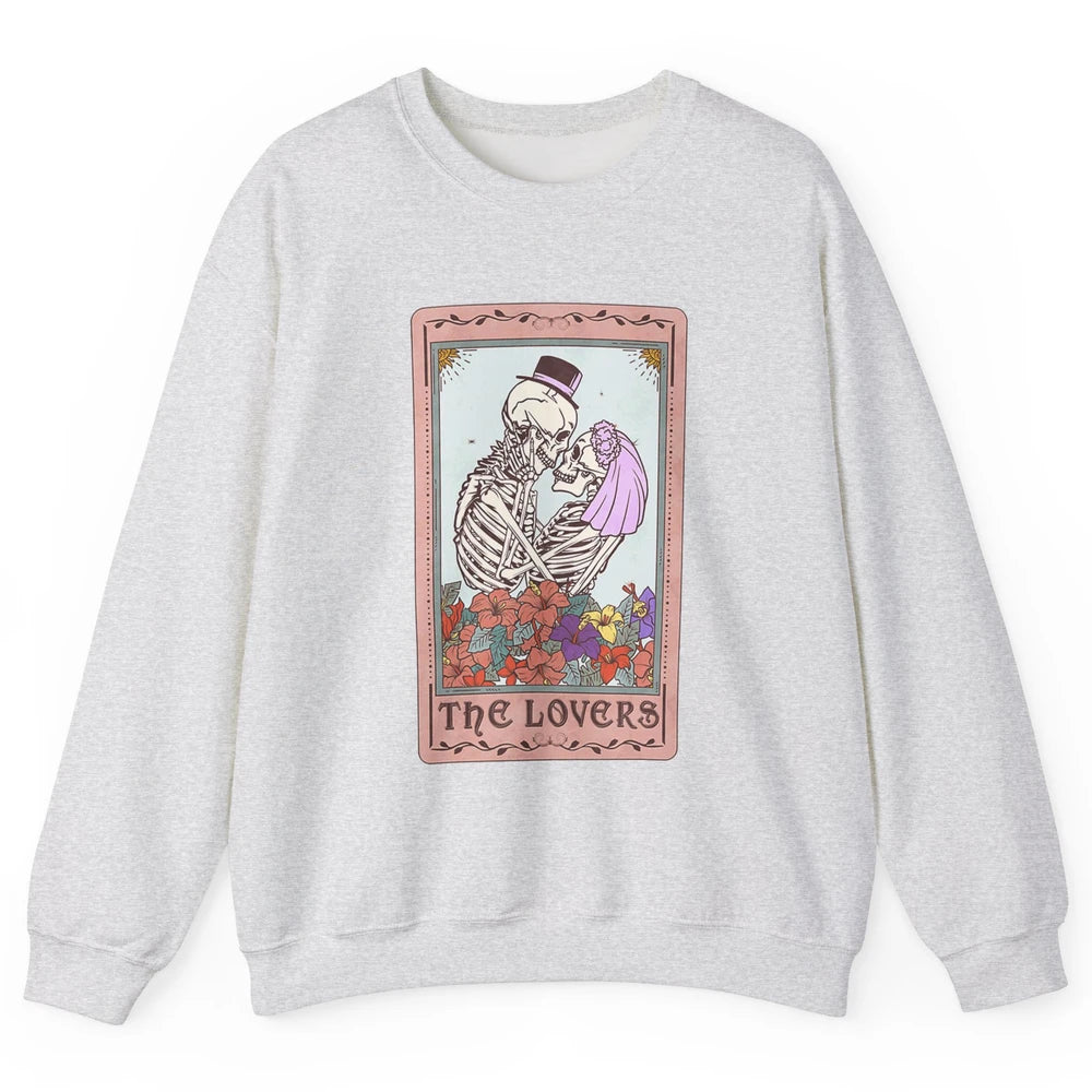 The Lovers Funny Skeleton Couple Tarot Card Vintage Valentine Astrology Goth Skull Lover Floral Heart Unisex Crewneck Sweatshirt