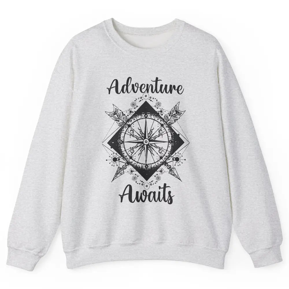 Retro Compass Mountain Adventure Awaits Camping Hiking Lover Unisex Crewneck Sweatshirt