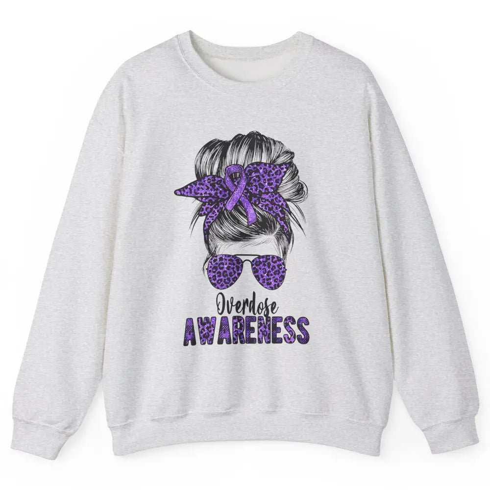 Overdose Awareness Messy Hair Bun Purple Leopard Warrior Unisex Crewneck Sweatshirt