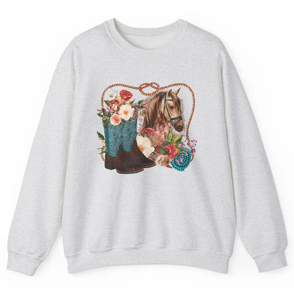 Retro Floral Cowboy Boots And Horse Western Country Cowgirl Unisex Crewneck Sweatshirt