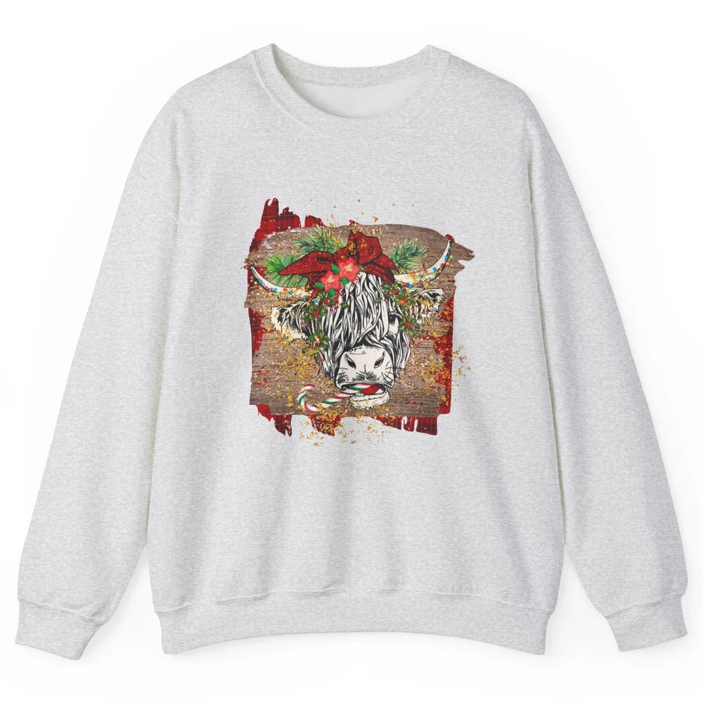 Christmas Highland Cow Bandana Western Christmas Cow Plaid Unisex Crewneck Sweatshirt