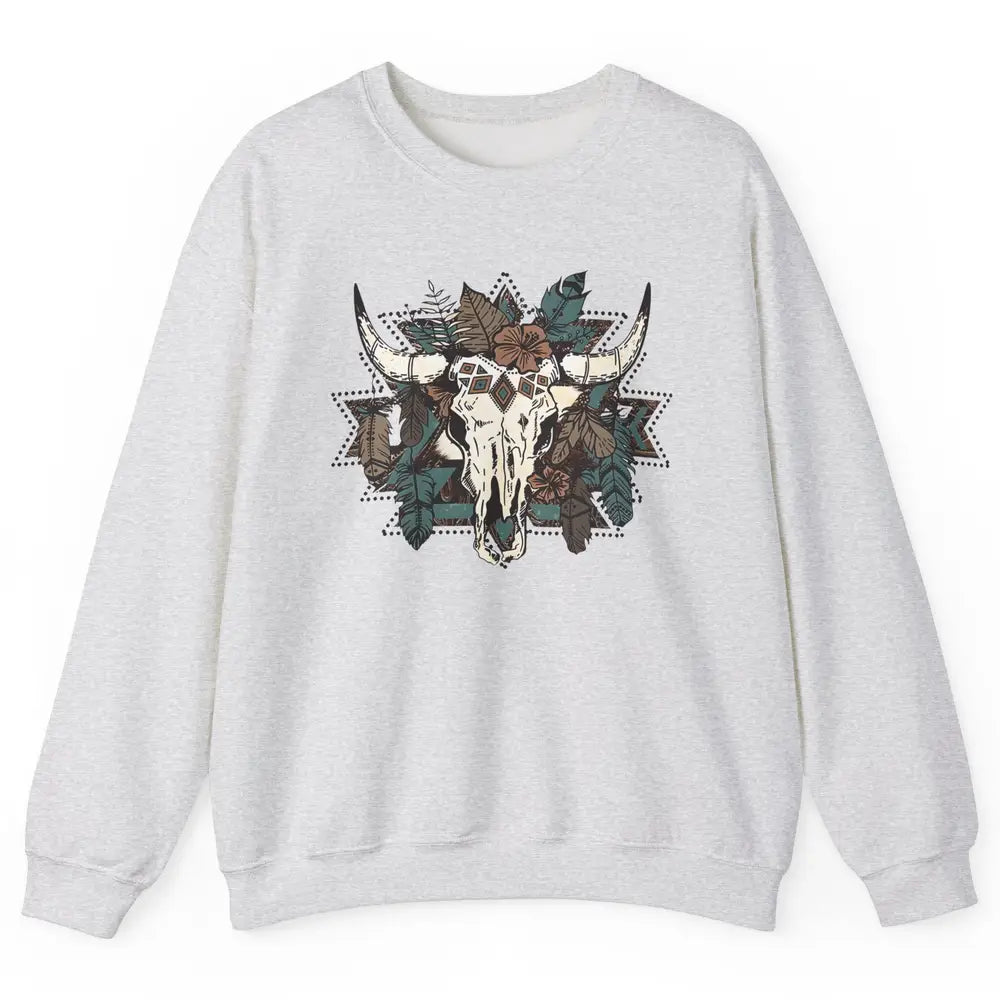 Retro Boho Bull Skull Aztec Desert Cactus Western Country Unisex Crewneck Sweatshirt