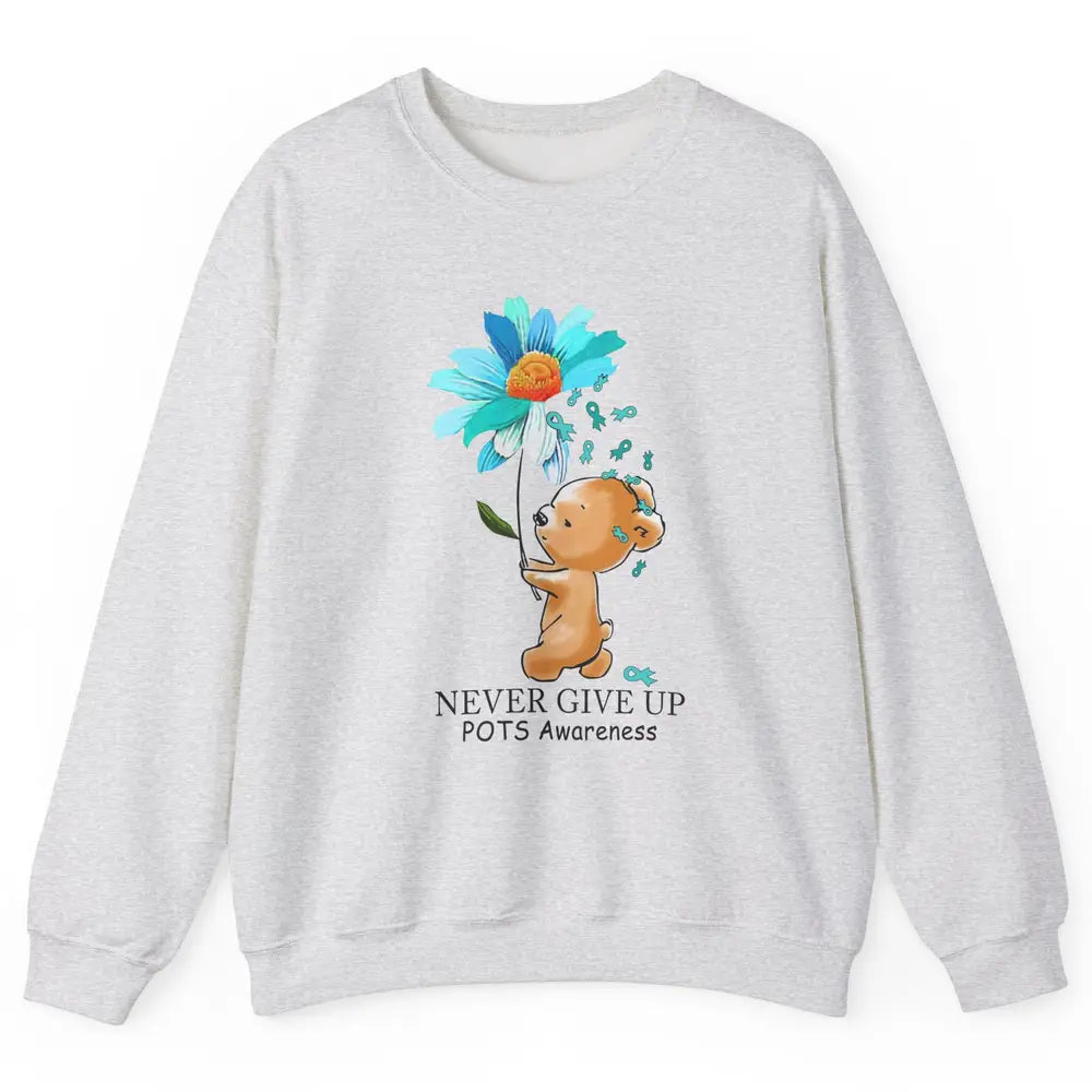 POTS Awareness Keep Going Daisy Bear Turquoise Sunflower Unisex Crewneck Sweatshirt