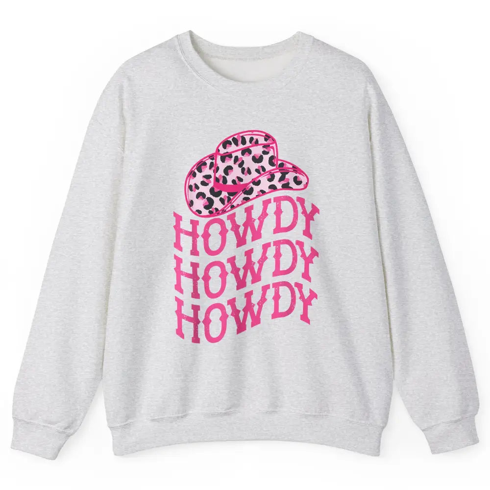 Retro Pink Leopard Cowboy Hat Howdy Western Texas Cowgirl Unisex Crewneck Sweatshirt