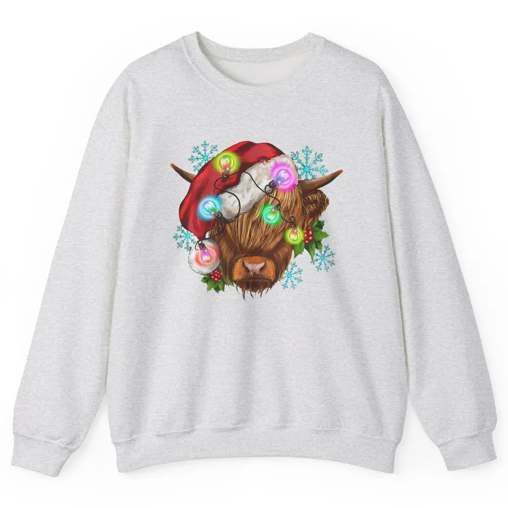 Christmas Highland Cow Xmas Light Western Christmas Cow Unisex Crewneck Sweatshirt