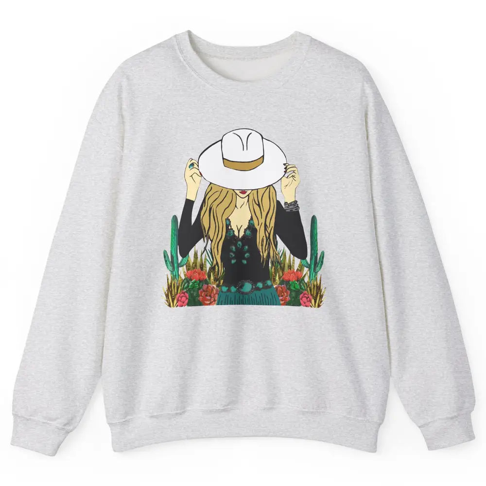 Retro Blonde Cowgirl Punchy Cowhide Turquoise Western Cowboy Unisex Crewneck Sweatshirt